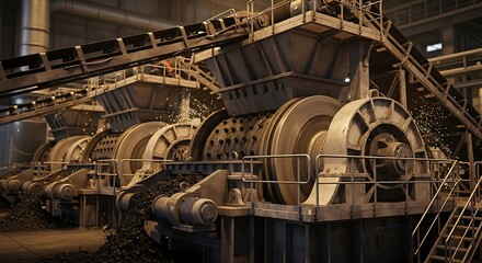 Powerful industrial machinery with large crushers and conveyor belts processing raw ore in a modern factory.