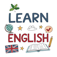 Learn English Illustration Doodle Style, Isolated on Transparent Background, English Language, Education, Hand-drawn, English learning, Education, Hand-drawn
