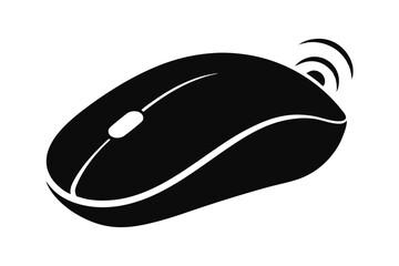 Black Wireless Computer Mouse with Scroll Wheel and Signal Icon Graphic Silhouette