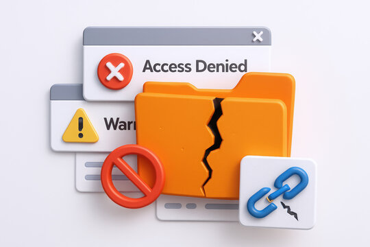 A broken orange folder with access denied icons symbolizing data privacy and cybersecurity issues.