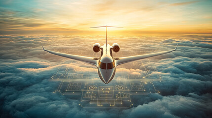 Luxury private jet soaring through ethereal clouds at twilight skyline for National Aviation Day