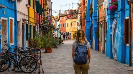 Colorful alleyway, woman walking