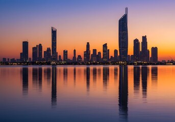 Obraz premium City of tomorrow glowing at dusk, reflection shimmering in calm river surface
