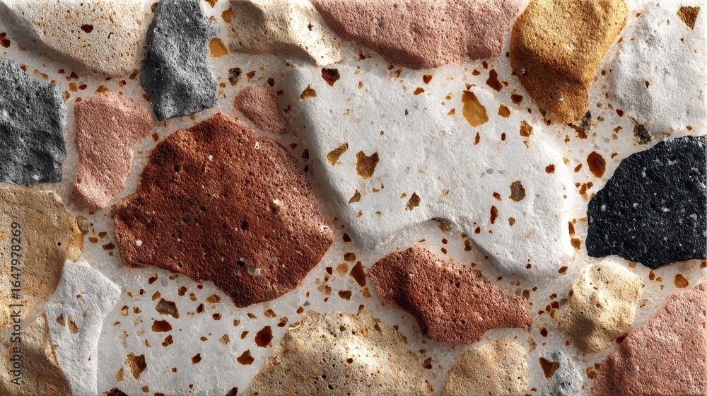 Aufkleber close up of multicolored terrazzo pattern surface, featuring various shapes and sizes in black, whit