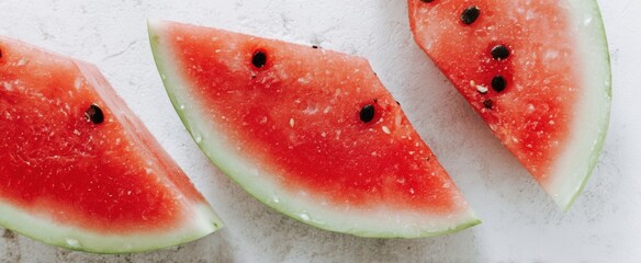 The Watermelon Slices on White Marble Surface Evoke Fresh Summer Snack and Hydration