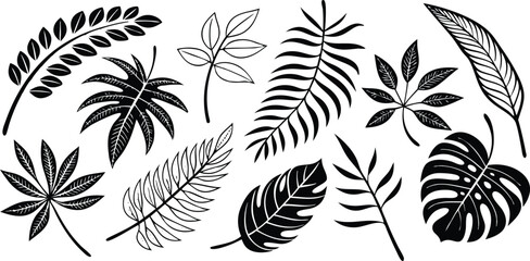 Leaf silhouettes vector set featuring tropical, floral, and botanical elements. nature design collection includes various leaf shapes perfect for eco, organic, and decorative art or digital project 