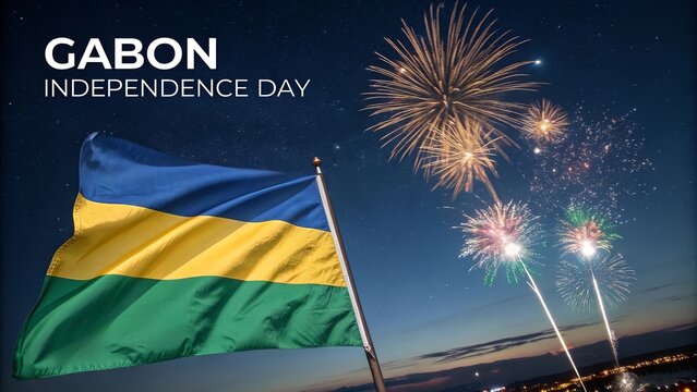 Gabon Independence Day, Photorealistic Gabon flag rippling gently under a starry night sky.