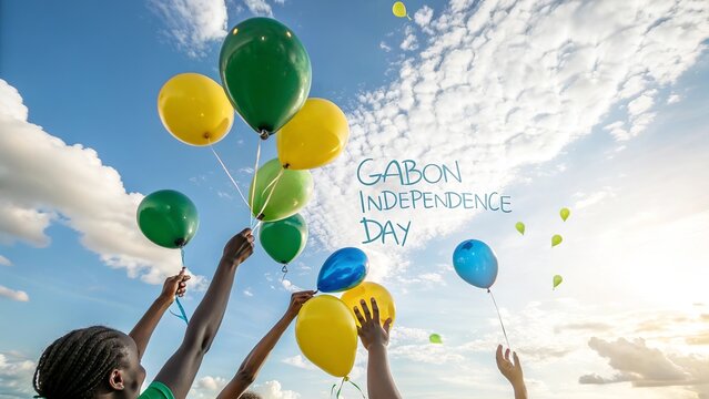 Gabon Independence Day, Joyful hands throwing emerald green and golden yellow festive powders. - Powered by Adobe