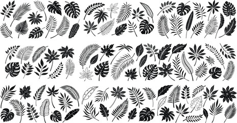 Leaf silhouettes vector set featuring tropical, floral, and botanical elements. nature design collection includes various leaf shapes perfect for eco, organic, and decorative art or digital project 