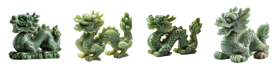 Fototapeta premium Jade dragon figurine carved with polished texture green shades, showcasing traditional mythical creature design with detailed scales and features