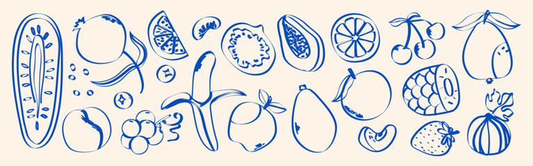 Minimalist hand drawn fruit set. Vector sketch of tropical and garden fruits – pineapple, coconut, citrus, banana, apple, grape, lemon, pomegranate, fig, strawberry.	