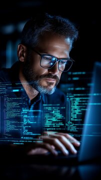 Software developer with glasses concentrating on programming code on a laptop in a dark office at night, overlayed with programming language