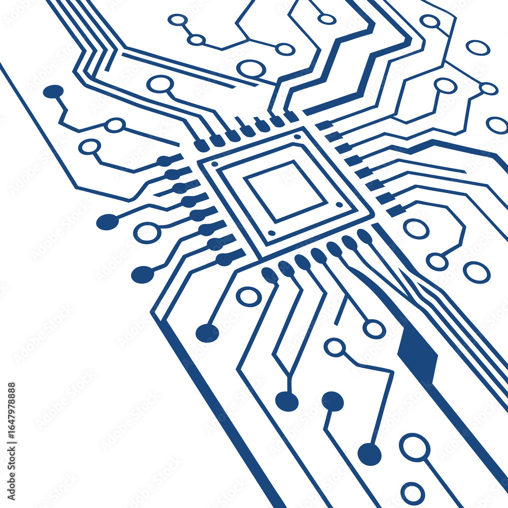 Poster blue circuit board illustration with microchip on white background for technology and engineering de