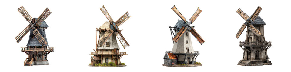 Miniature windmill models with detailed wooden blades and stone bases, showcasing rustic and vintage architectural styles