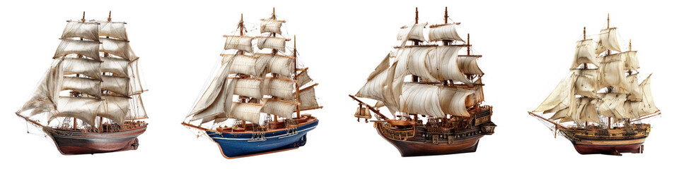 Miniature sailing ship models with detailed sails and wooden hulls, showcasing craftsmanship and vintage maritime design in studio setting