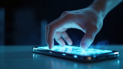 Man's hand touching a glowing smartphone screen on a dark surface, neon light emanating from under the device, concept of modern technology and digital interaction