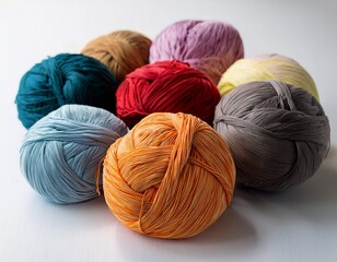 multicolored wool yarn balls displayed on a plain white surface