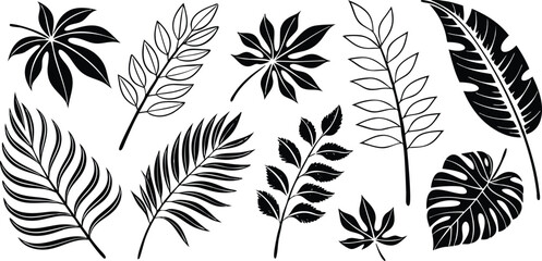 Leaf silhouettes vector set featuring tropical, floral, and botanical elements. nature design collection includes various leaf shapes perfect for eco, organic, and decorative art or digital project 