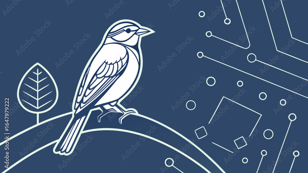 Poster bird perched on a branch with circuit board background in a modern minimalist style illustration