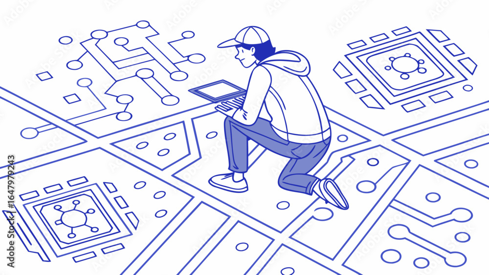 Poster man with laptop on circuit board conceptual illustration of technology engineering and computer scie