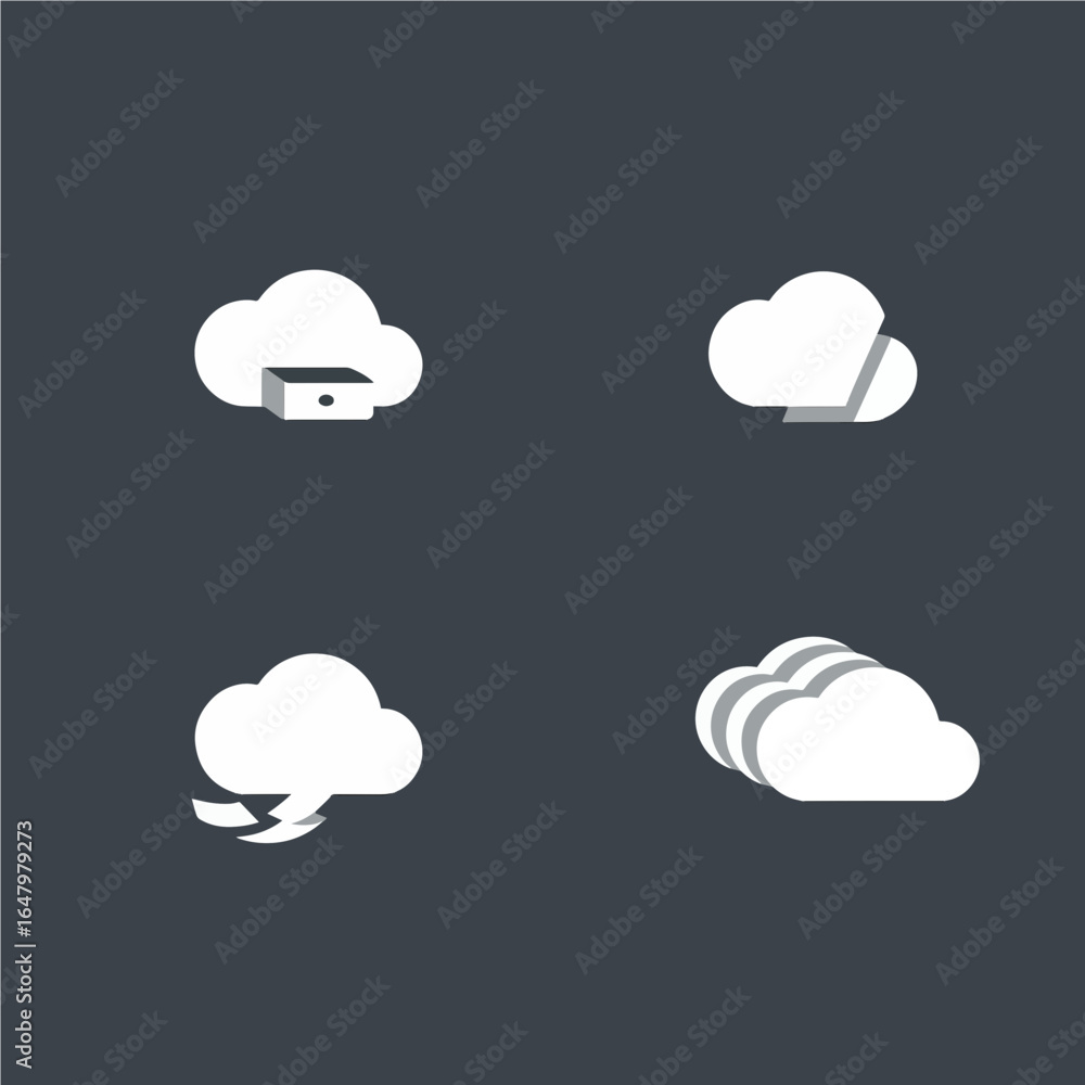 Poster modern cloud icons representing data storage, weather, and technology concepts for digital projects