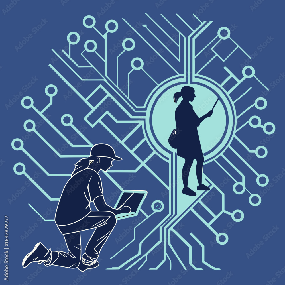 Aufkleber digital divide and connection illustration of people using technology with circuit board background 