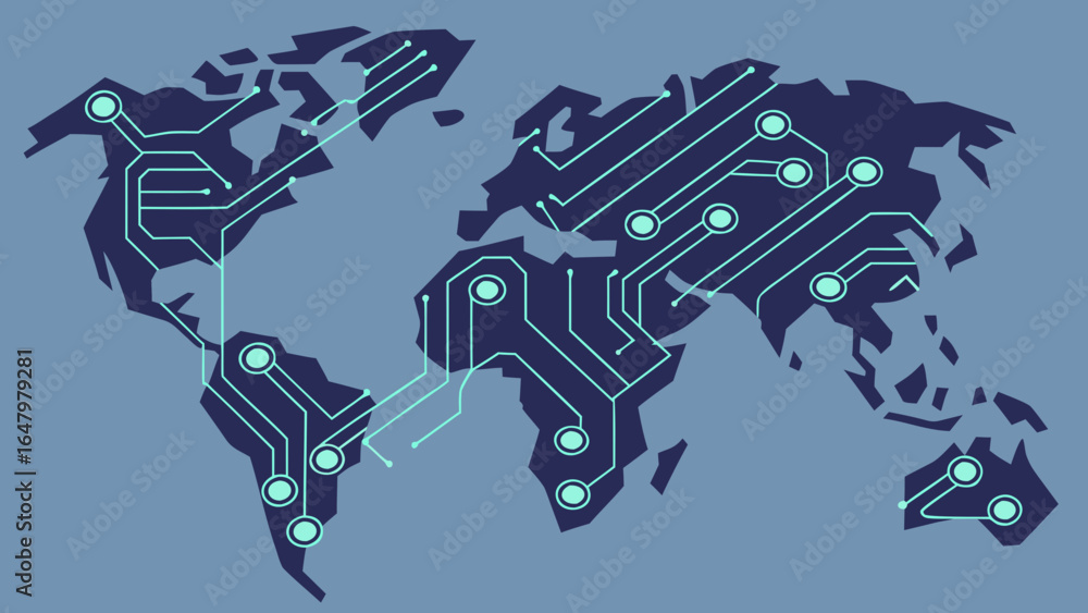 Aufkleber abstract world map with circuit board design for global connectivity and technological advancement c