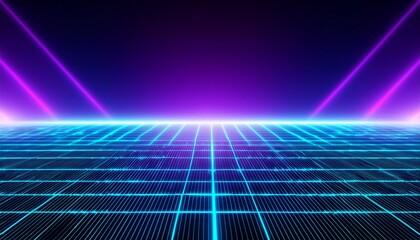 cyan blue and purple grids neon glow light lines design on perspective floor creativity digital internet cyberpunk virtual reality concept hi tech abstract backgroud finest generative ai