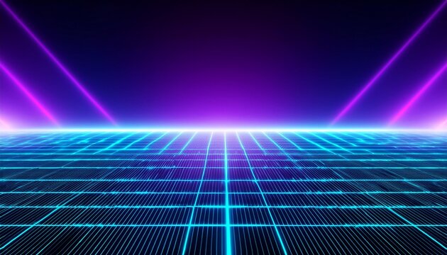 cyan blue and purple grids neon glow light lines design on perspective floor creativity digital internet cyberpunk virtual reality concept hi tech abstract backgroud finest generative ai