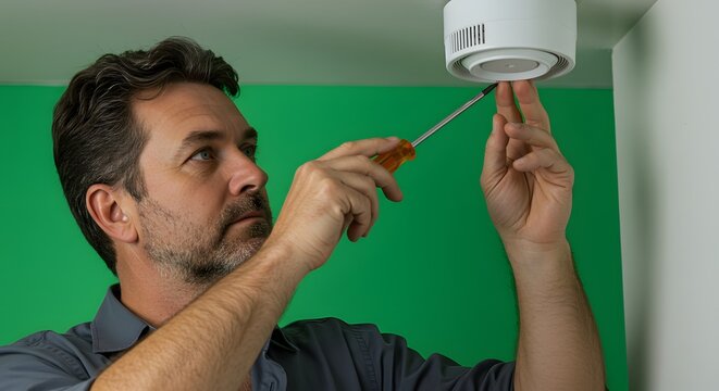 Focused handyman using a screwdriver to install a fire alarm on a ceiling for home safety and security