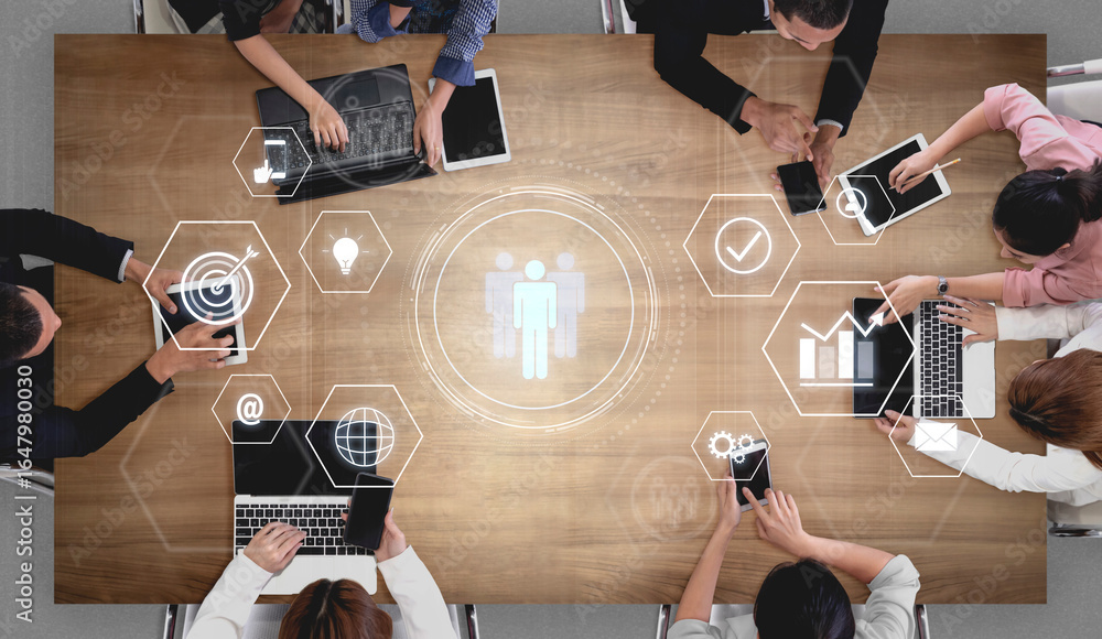 Aufkleber business teamwork system showing digital communication and performance tracking. teamwork improves c