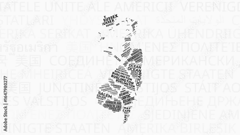 Poster new jersey intro animation. state with counties illustration video. background with state names in v