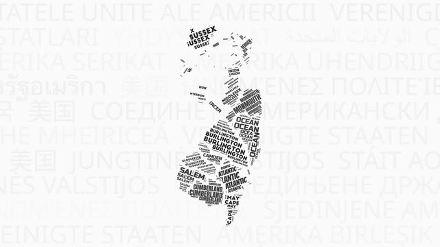 New Jersey intro animation. State with counties illustration video. Background with state names in various languages. Counties of New Jersey animation. Trending video.