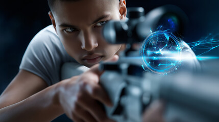 Intense Gamer Focused on Holographic Targeting Reticle