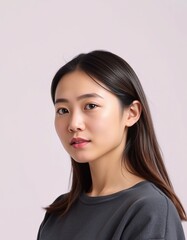 Obraz premium Portrait of a young asian woman with dark hair wearing a gray shirt looking at the camera