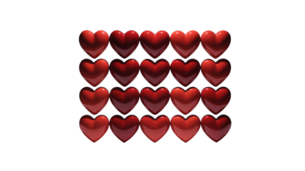 Grid of Twenty Red Glossy Hearts on a White Background red hearts heart shape isolated on a transparent background