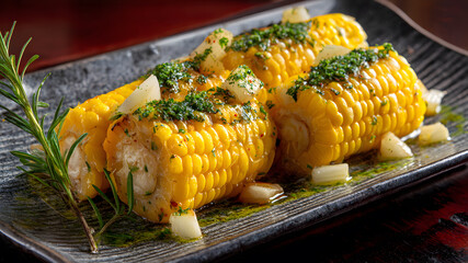 Ultra HD Three grilled corn on the cobs served on a plate with rosemary and parsley, creating a delicious and healthy vegetarian meal, perfect for sharing