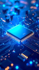 Close-up of a blue processor on a circuit board