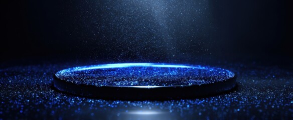 Obraz premium The Platform Glowing with Blue Sparkles on a Circular Stage Under a Spotlight