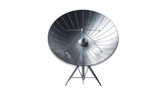 Large Metallic Satellite Dish Antenna on a Tripod Stand on White Background receiver transmitter isolated on a transparent background