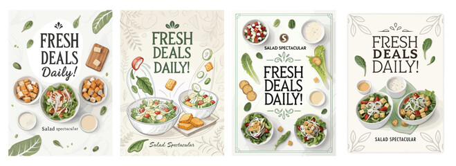 A collection of vibrant salad promotional posters featuring fresh ingredients and colorful dishes.