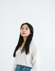 Obraz premium Portrait of a young asian woman with long black hair wearing a white shirt and blue jeans