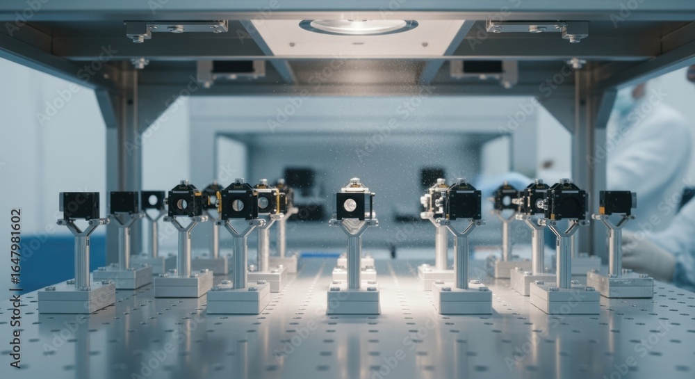 Aufkleber quantum keydistribution payload components suspended in precision jigs under a clean benchs ultrapur