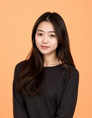 Portrait of a young asian woman with long dark hair wearing a black shirt on orange background