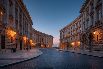 Obraz premium serene ultrabright view of europe capital at dawn showcasing its historic buildings in silent splendor