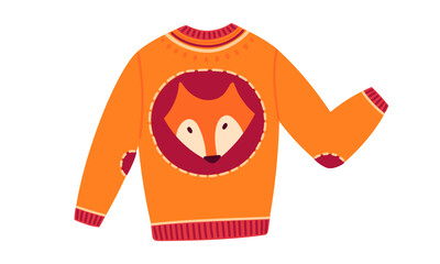 Orange knitted sweater with fox clipart. Autumn cozy wear. Flat Vector illustration isolated on white background 