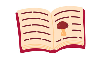 Open book with Mushroom icon. Autumn cozy design element. Flat Vector illustration isolated on white background 