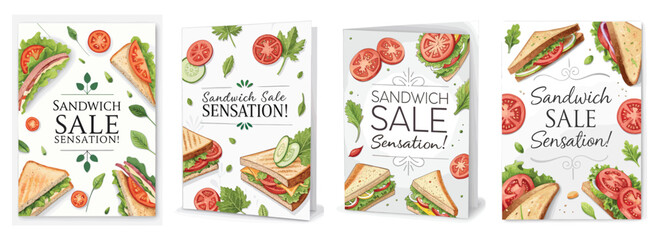 Colorful sandwich sale promotion cards featuring fresh ingredients and vibrant designs.