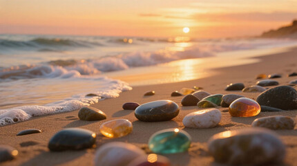 Colorful Smooth Pebbles on a Beach at Sunset