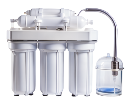 Water filter system with multiple cartridges and faucet isolated on transparent background